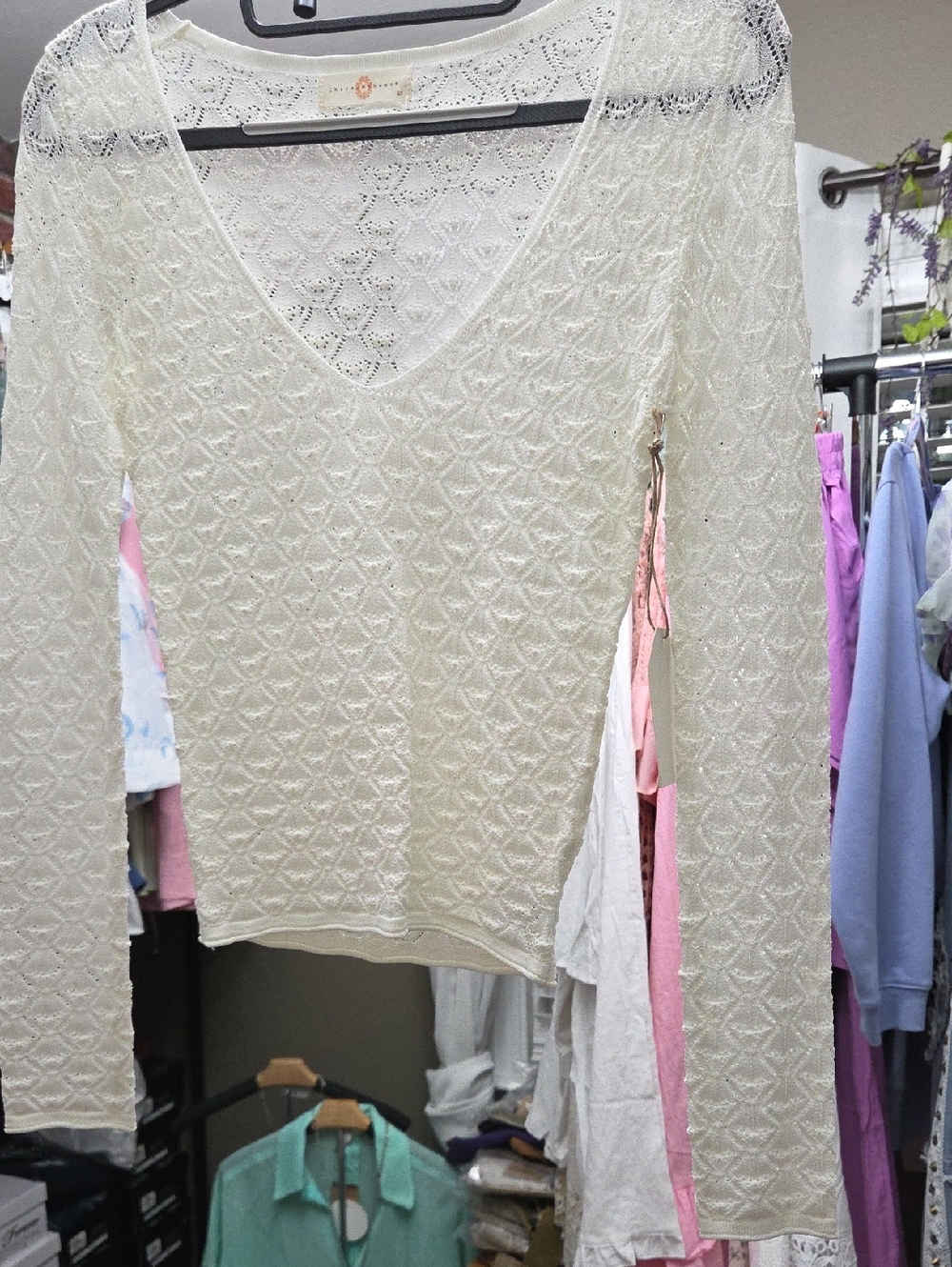 V-Neck Cream Knit Long-Sleeve Women's Sweater